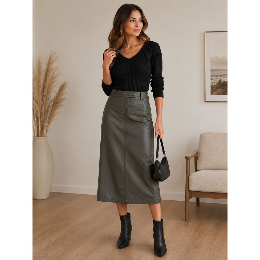 NWT NA-KD Women's Dark Olive Mid Waist Midi Skirt Faux Leather Back Slit AU 32